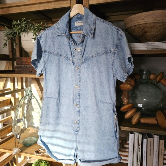 Free People Renegade Denim Coverall Romper Sz S Light Wash...